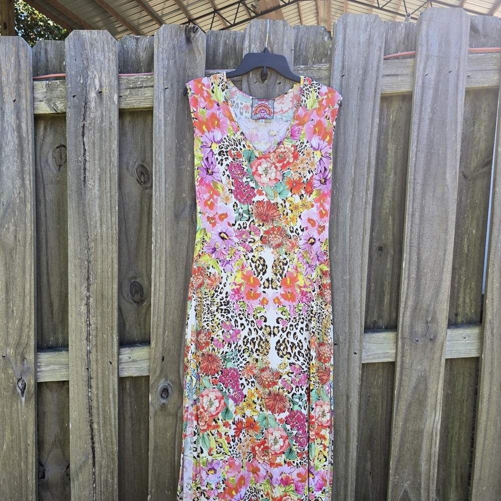 Johnny Was XS Maxi Dress Floral Leopard Print Bamboo Stretch Sleeveless Boho